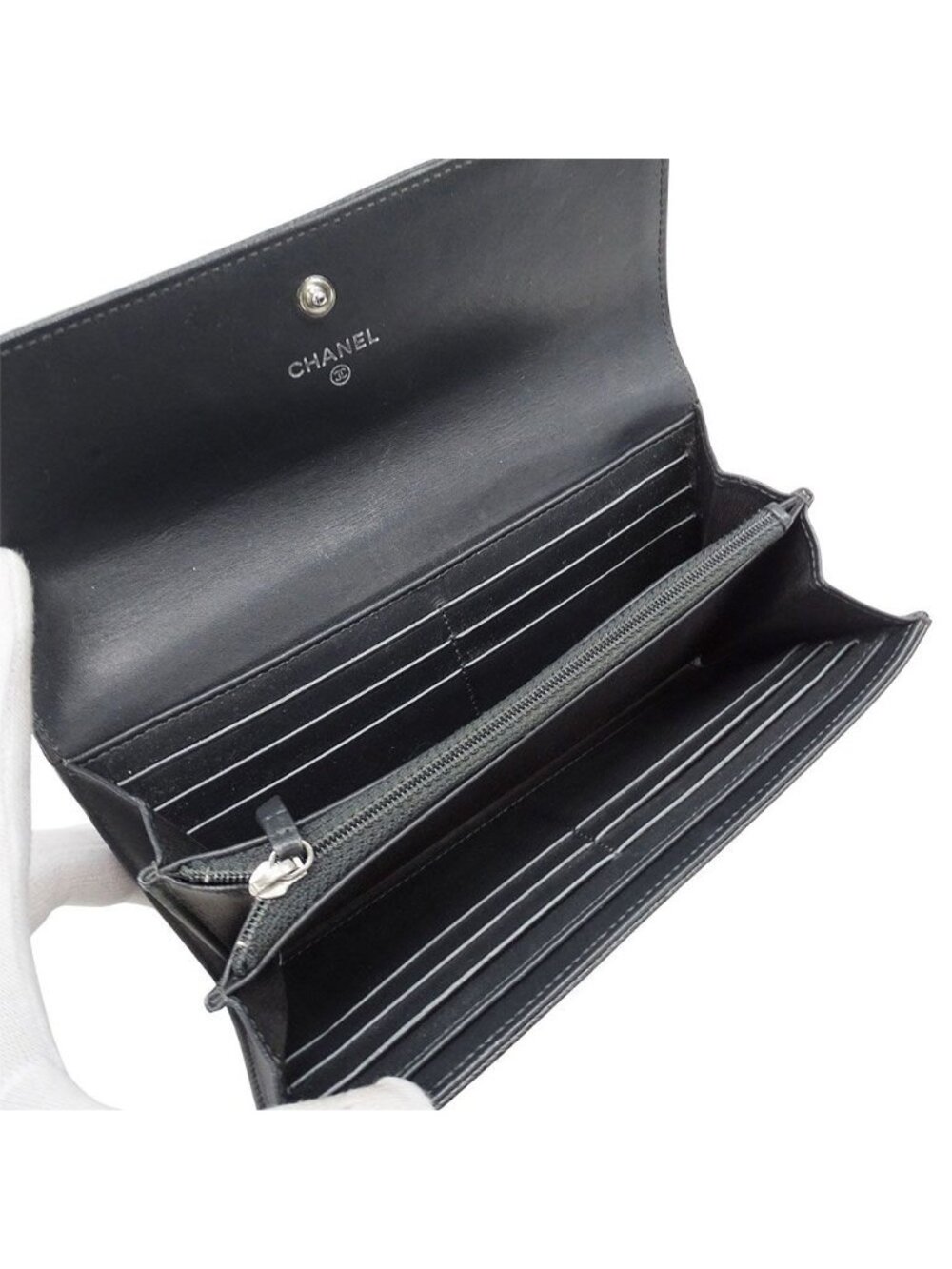Chanel Wallet Caviar Leather Charcoal Gray Flap Type Logo Adult - Picture 7 of 15